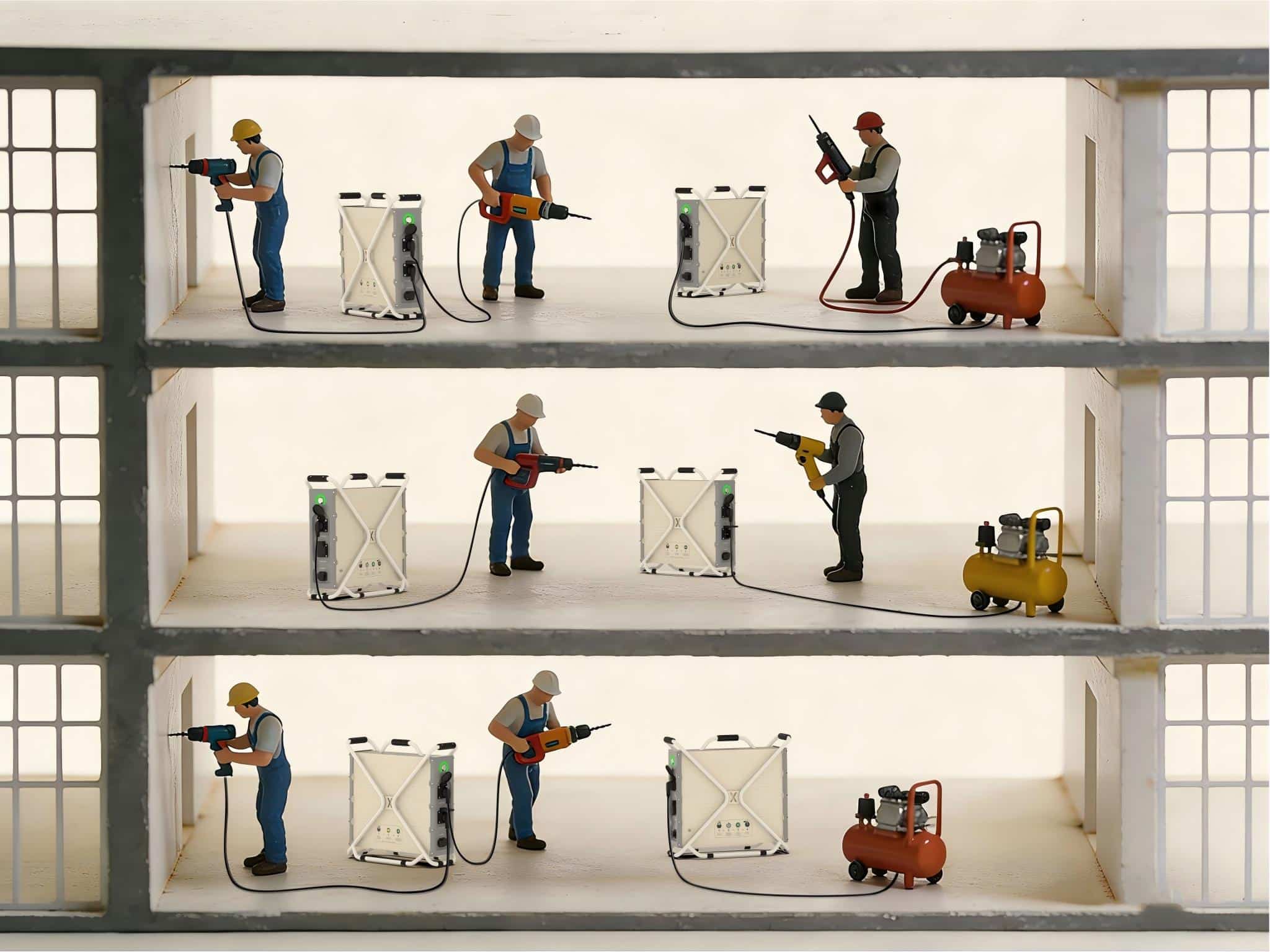 portable power station powering tools on construction site indoor jobsite application workers using battery power